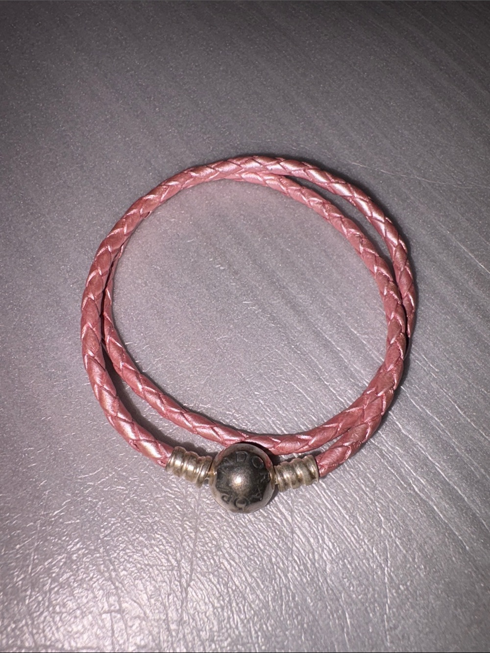 Pandora Pink Braided Leather Double Wrap Bracelet with Silver Bead Snap Closure